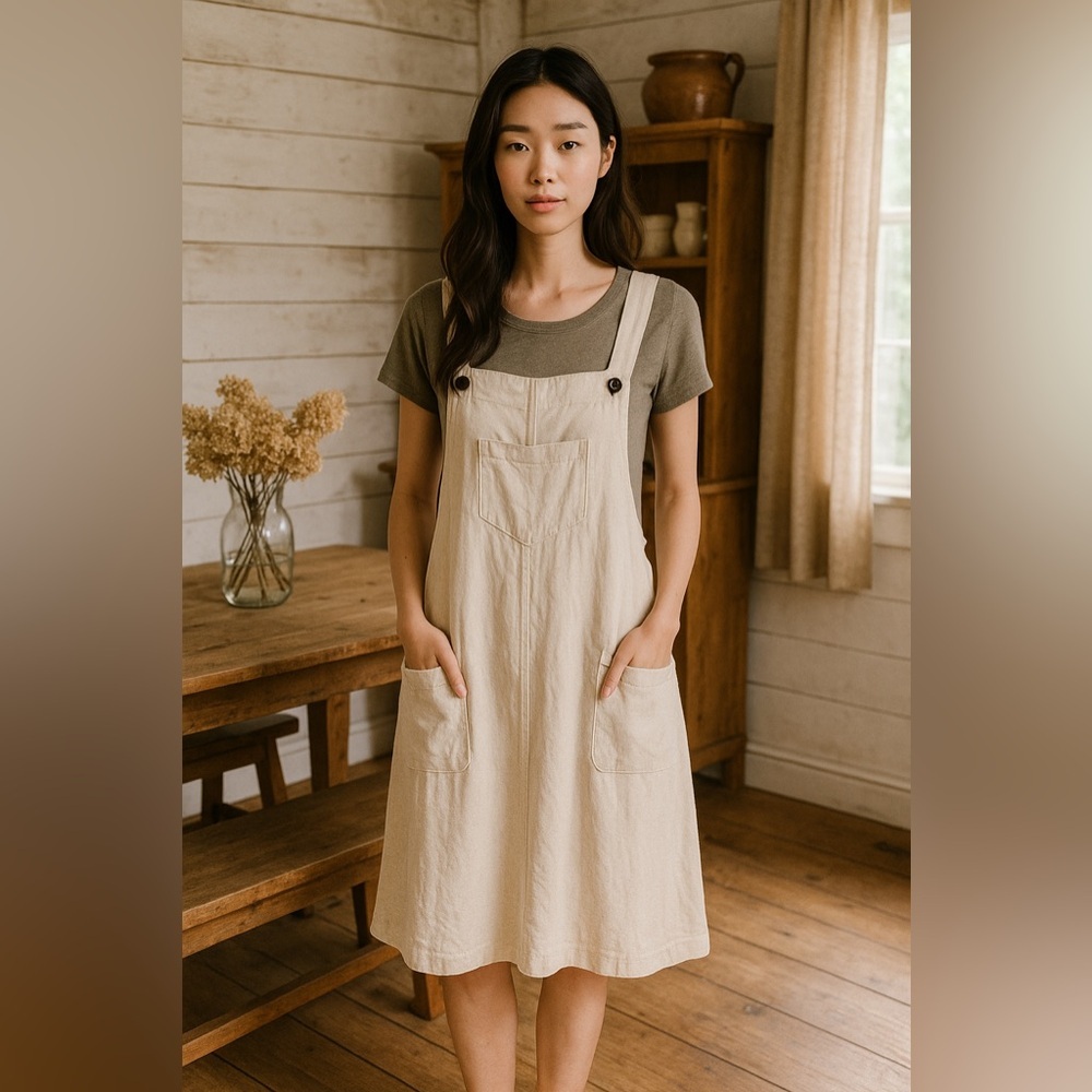 Umgee Cream Pinafore Dress with Olive Green Tee